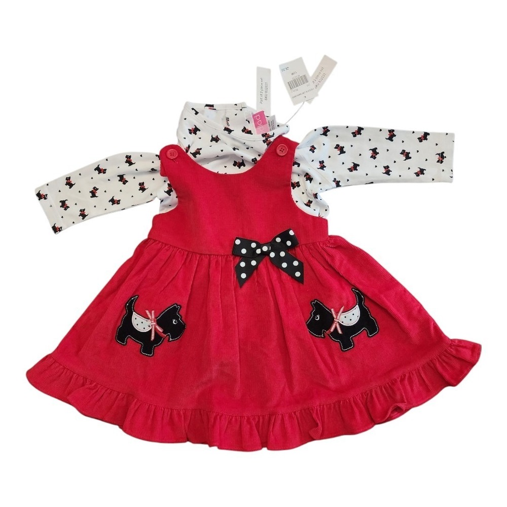 Good Lad Red Corduroy Scottie Dog Jumper Dress Set 12M NWT Bow Preppy Ruffle Hem